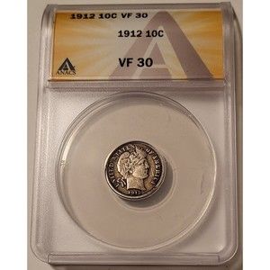 1912 Barber Dime VF30 ANACS Toned